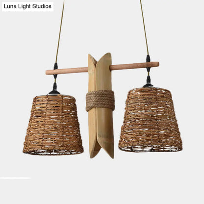 Odile - Farmhouse Rope Barrel Chandelier: Beige Pendant Lamp with Bamboo Panel