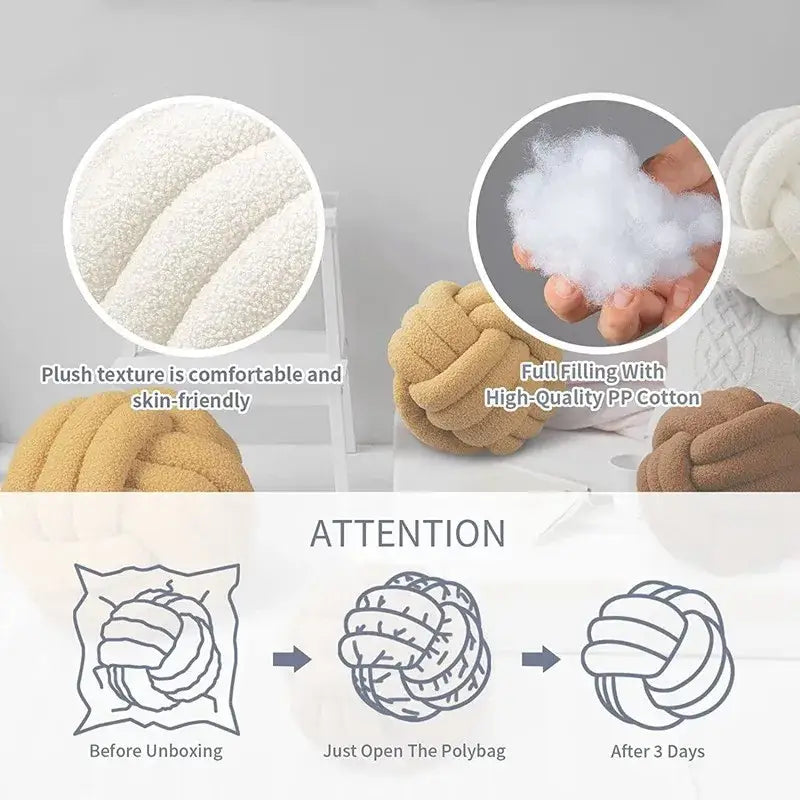 Off-white boucle knotted circle throw pillow with soft plush beige knitted texture filled with high-quality pp cotton