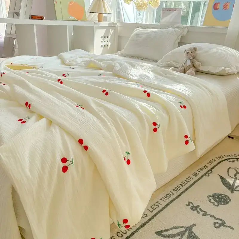 Off-white cream cotton double layer yarn summer quilt with red cherry embroidery for bedroom use