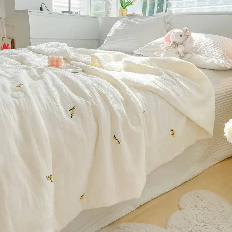 Off-white cotton summer quilt with delicate yellow and green cherry embroidery in double layer yarn design