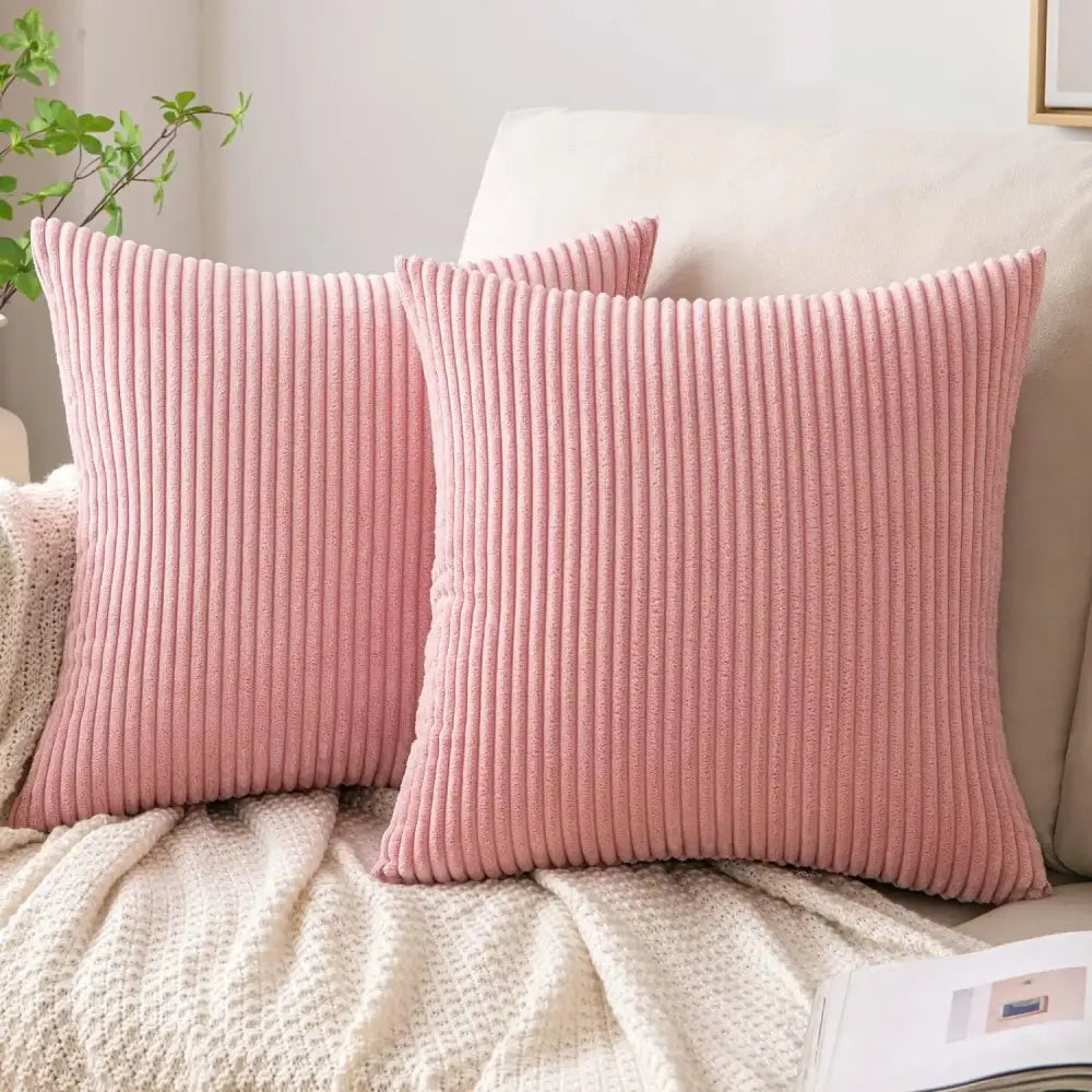Pair of soft pink corduroy throw pillow covers with vertical ribbed texture decorbites corduroy striped throw decor