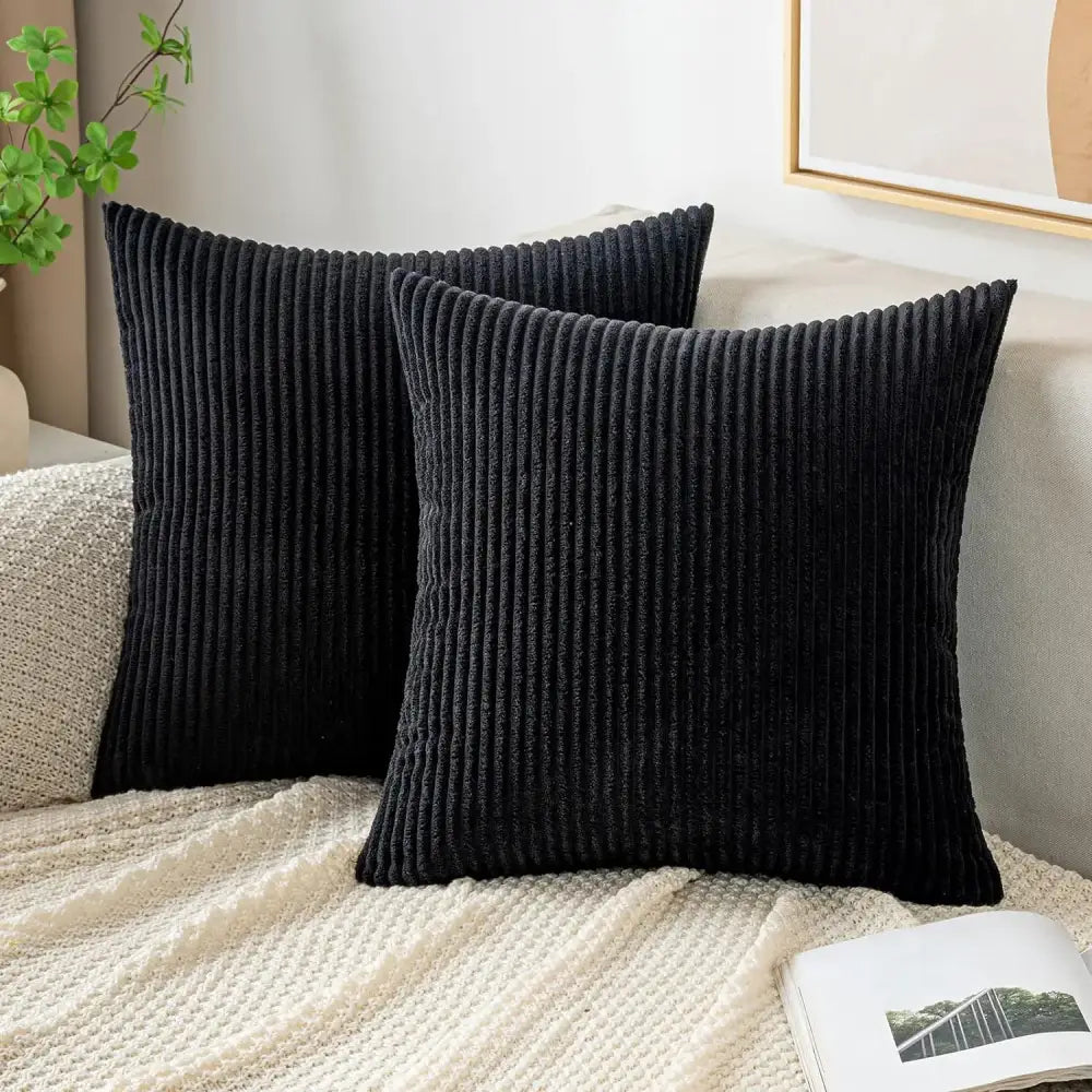 Black corduroy striped throw pillow covers with ribbed texture on cream knit blanket decorbites corduroy striped decor