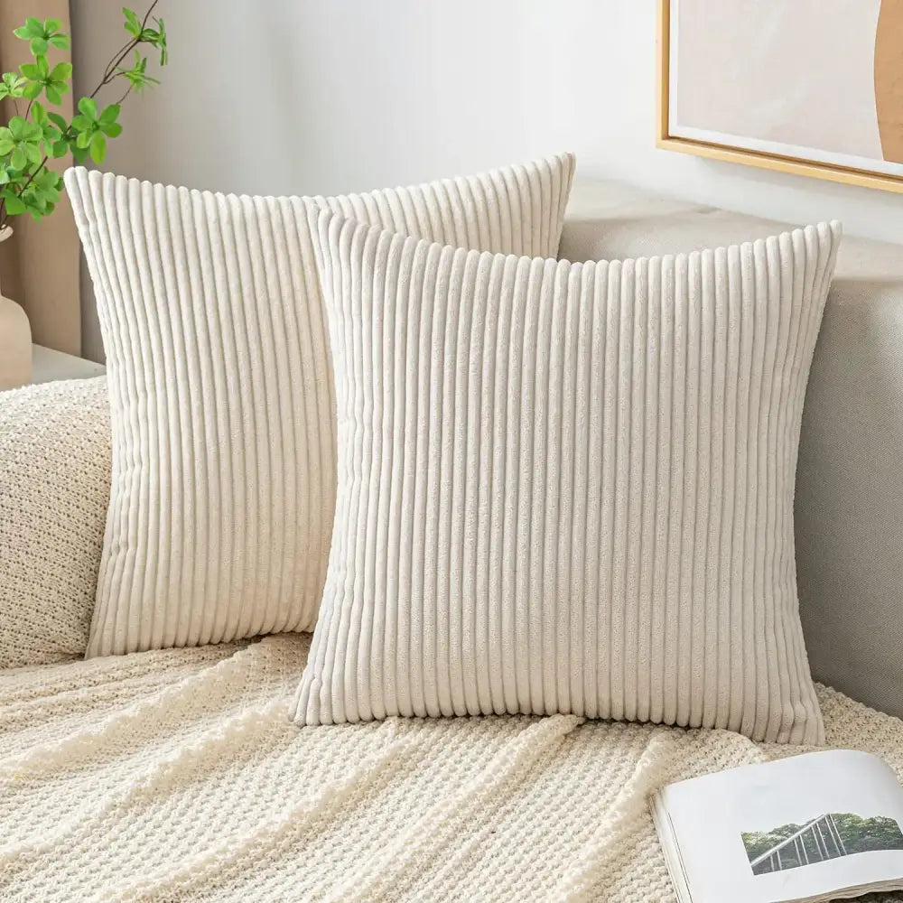 Cream-colored corduroy striped throw pillow covers with vertical ribbed texture for living room decorbites corduroy striped
