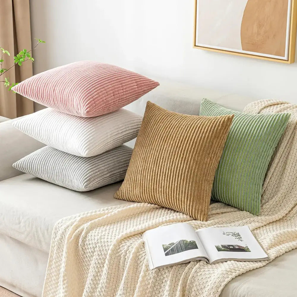 Stacked decorbites corduroy striped throw pillow covers in soft pink white gray mustard yellow and sage green for living room decor