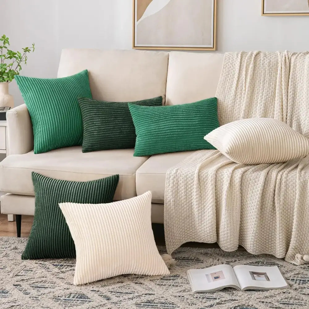 Set of emerald green and off white ribbed corduroy striped throw pillow covers for living room decorbites corduroy striped