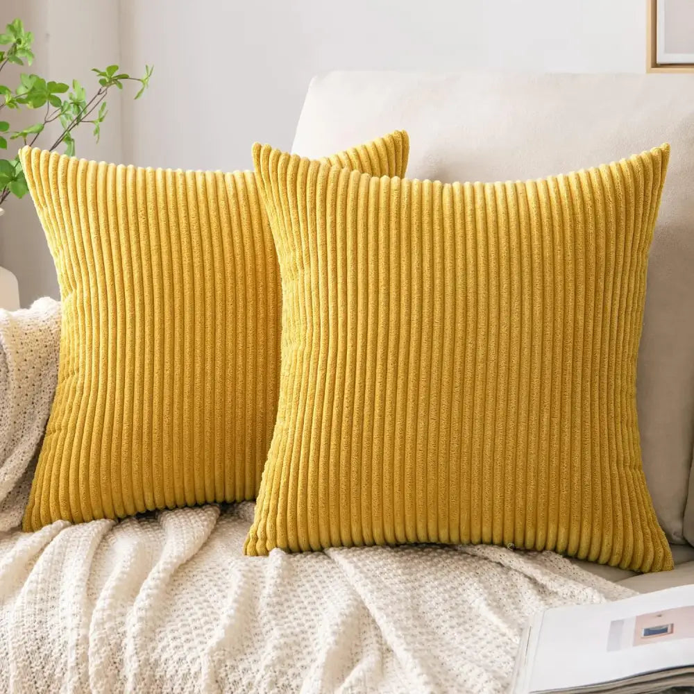 Two mustard-yellow corduroy striped throw pillow covers with vertical ribbed texture ideal for living room decorbites decor