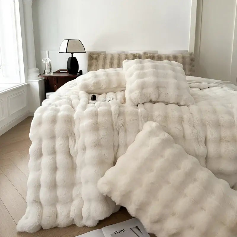 Off-white textured deluxe faux rabbit bedding set with plush quilted faux fur and matching pillows for bedroom decorbites deluxe faux
