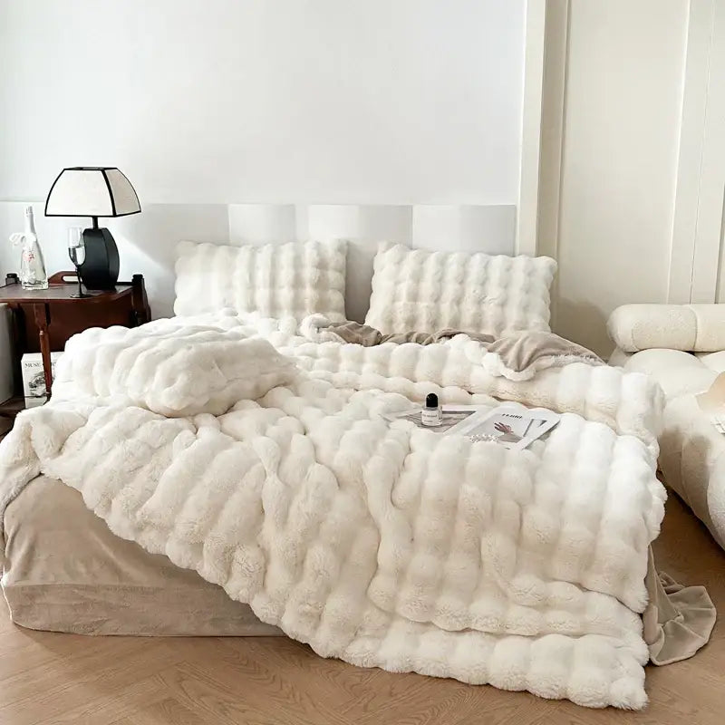 Off-white textured deluxe faux rabbit bedding set cream-colored plush faux fur quilt with bubbly pattern for bedroom decor