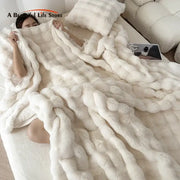 Off-white textured deluxe faux rabbit throw blanket with thick knit pattern in decorbites deluxe faux bedding set