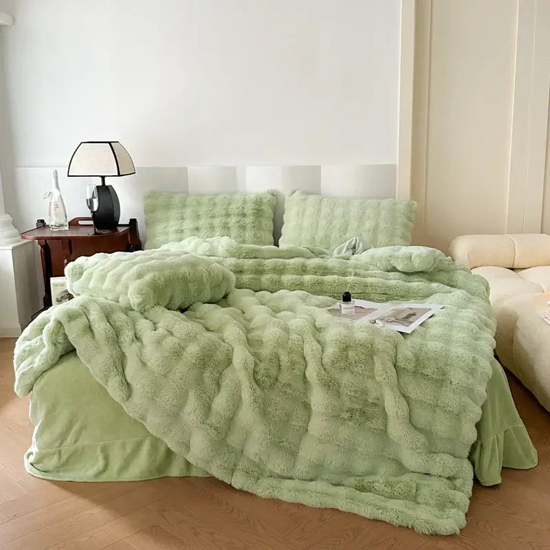 Soft mint green plush faux fur bedding set with textured fluffy material and matching pillows decorbites deluxe faux rabbit