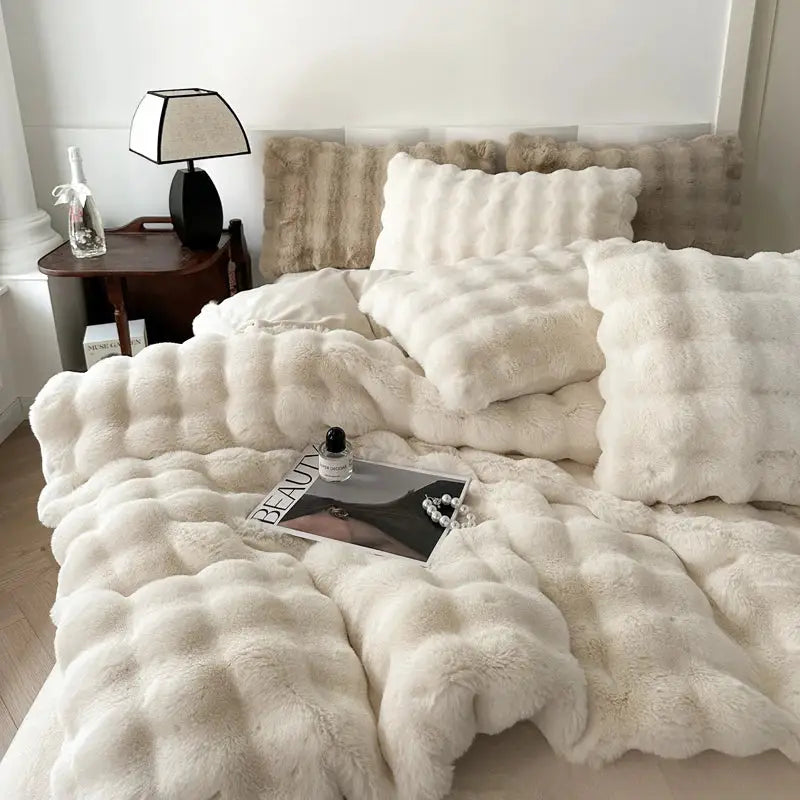 Off-white deluxe faux rabbit bedding set with cream-colored plush quilted bubbly texture by decorbites deluxe faux