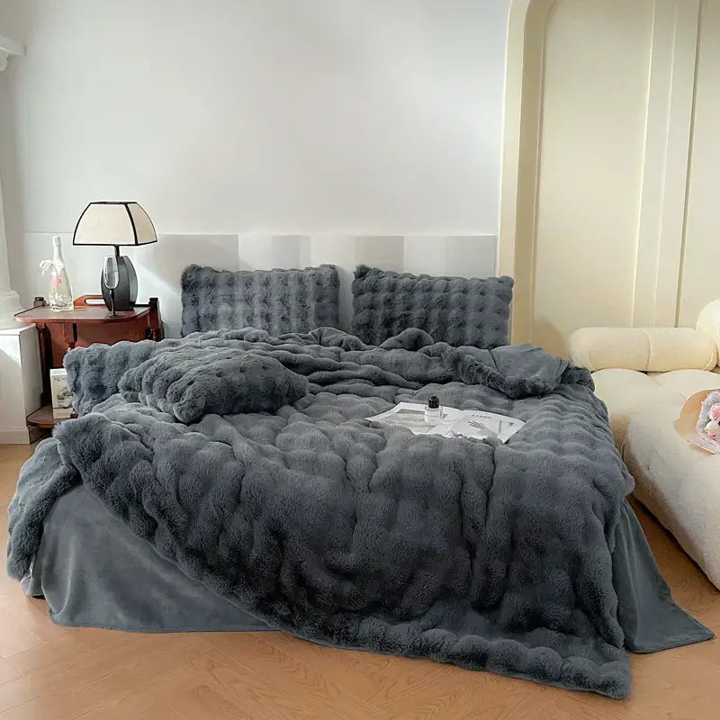 Plush dark gray deluxe faux rabbit bedding set with tufted pillows and soft textured surface for cozy decorbites deluxe faux decor