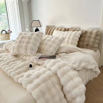 Cream-colored deluxe faux rabbit bedding set with plush textured bubbly pattern for cozy bedroom decorbites deluxe faux
