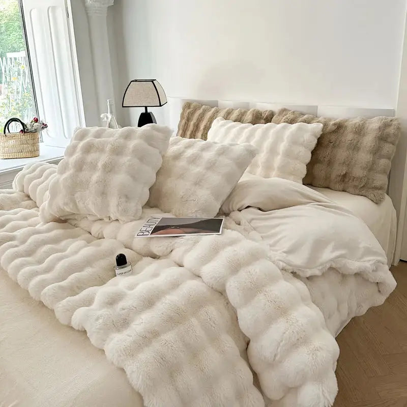 Cream-colored deluxe faux rabbit bedding set with plush textured bubbly pattern for cozy bedroom decorbites deluxe faux