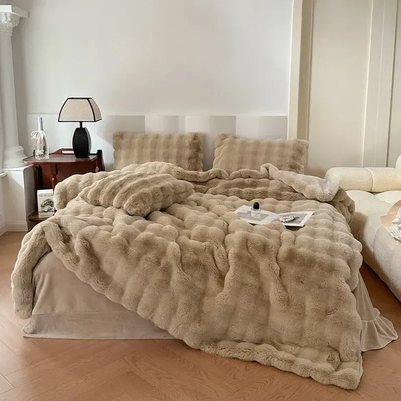 Beige off-white textured deluxe faux rabbit bedding set with quilted plush surface and matching pillows by decorbites deluxe faux