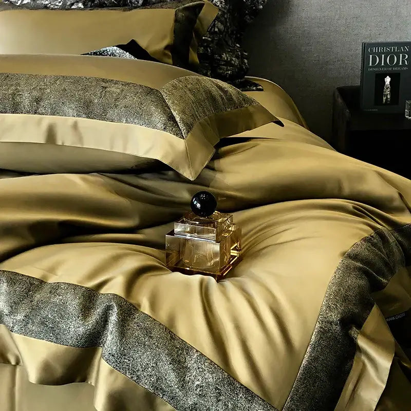 Gold satin bedding set with metallic gray textured accents in olive and dark gray decorbites 1400tc egyptian cotton