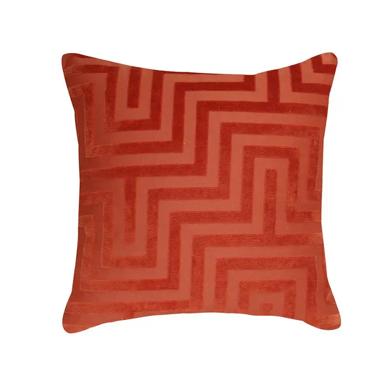 Rust-orange velvet jacquard throw pillowcase with bold geometric maze pattern for living room decorbites geometric jacquard