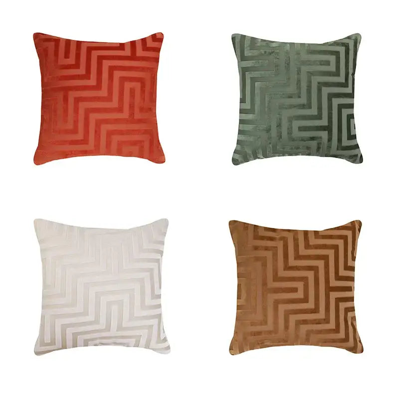 Set of four red olive green white and tan geometric jacquard throw pillowcases in textured velvet for living room decorbites geometric jacquard