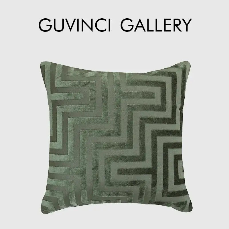 Olive and dark green geometric jacquard throw pillowcase in olive-green velvet with bold zigzag pattern for living room decor
