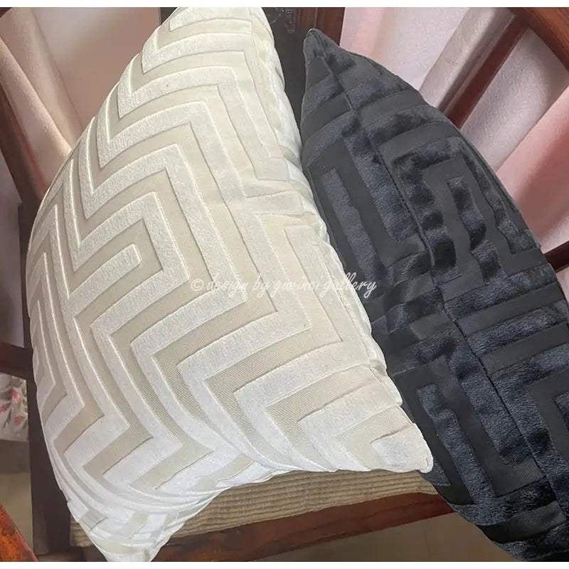 Cream and black geometric jacquard throw pillowcase with plush textured fabric for living room decorbites geometric jacquard