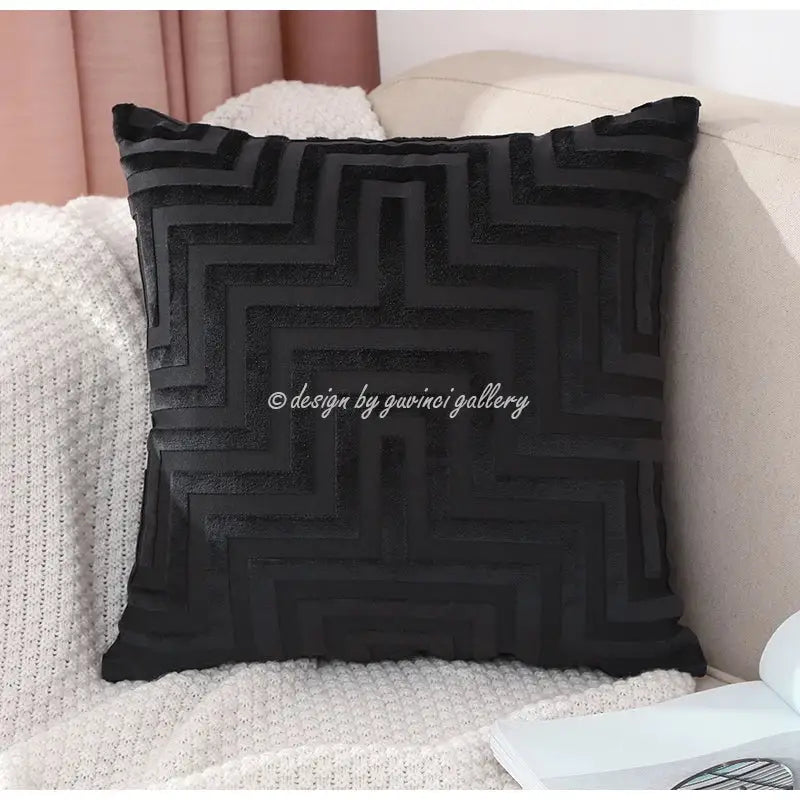 Black velvet decorbites geometric jacquard throw pillow with raised zigzag pattern for living room decor