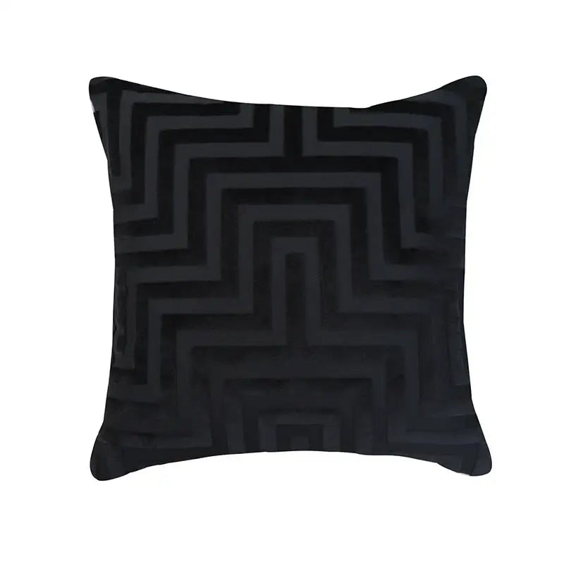 Black velvet throw pillow with bold geometric maze pattern in varying shades of black decorbites geometric jacquard throw