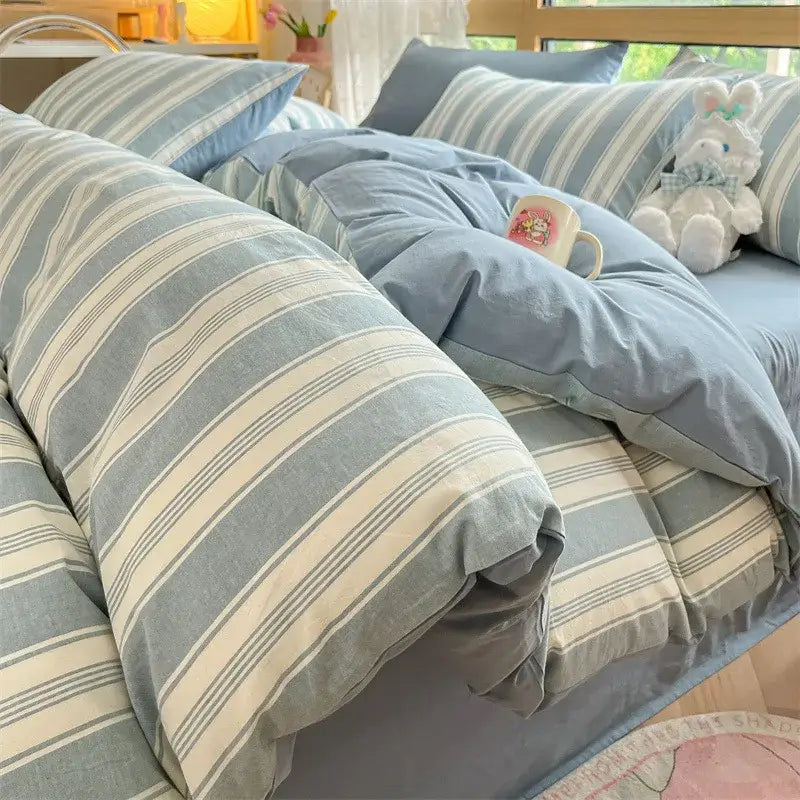 Olive and cream cotton striped bedding set with blue and white stripes and soft cozy texture for bedroom decorbites cotton striped bedding