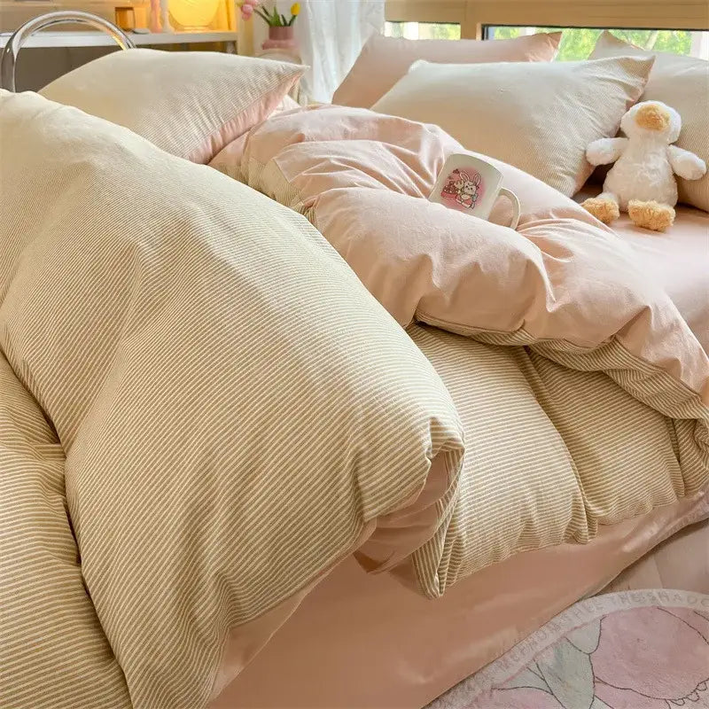 Cream-colored olive & cream cotton striped bedding set with soft textured fabric and matching pink pillowcases decorbites cotton striped
