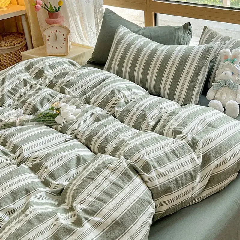 Cozy olive and cream decorbites cotton striped bedding set with soft textured fabric for bedroom duvet cover