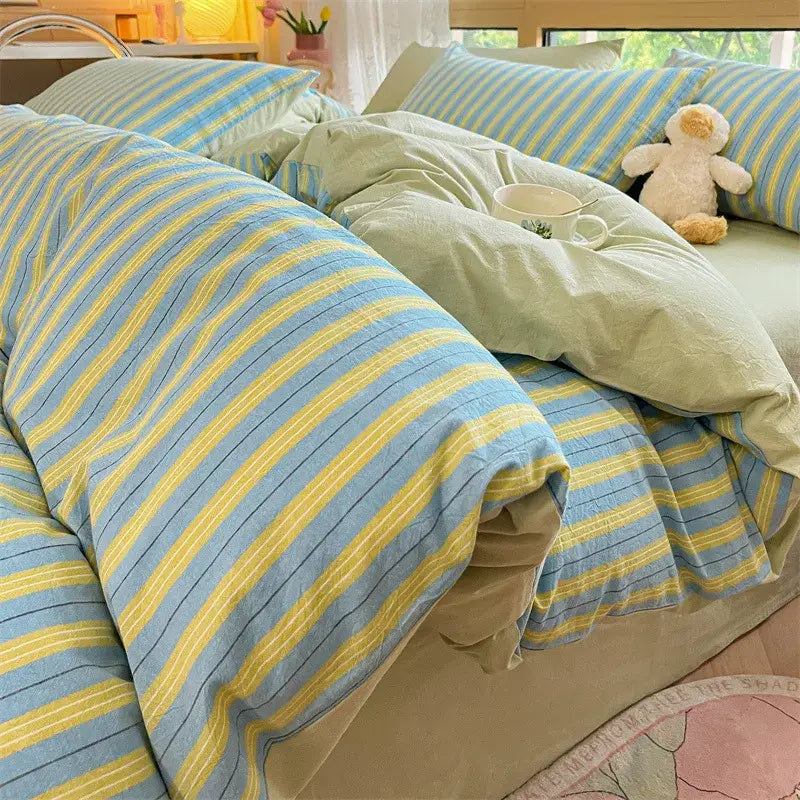 Cozy olive and cream cotton striped bedding set with light blue and yellow diagonal stripes for bedroom decorbites cotton striped bedding