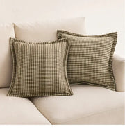 Two olive and cream houndstooth jacquard pillow covers with textured weave for living room cushions by decorbites