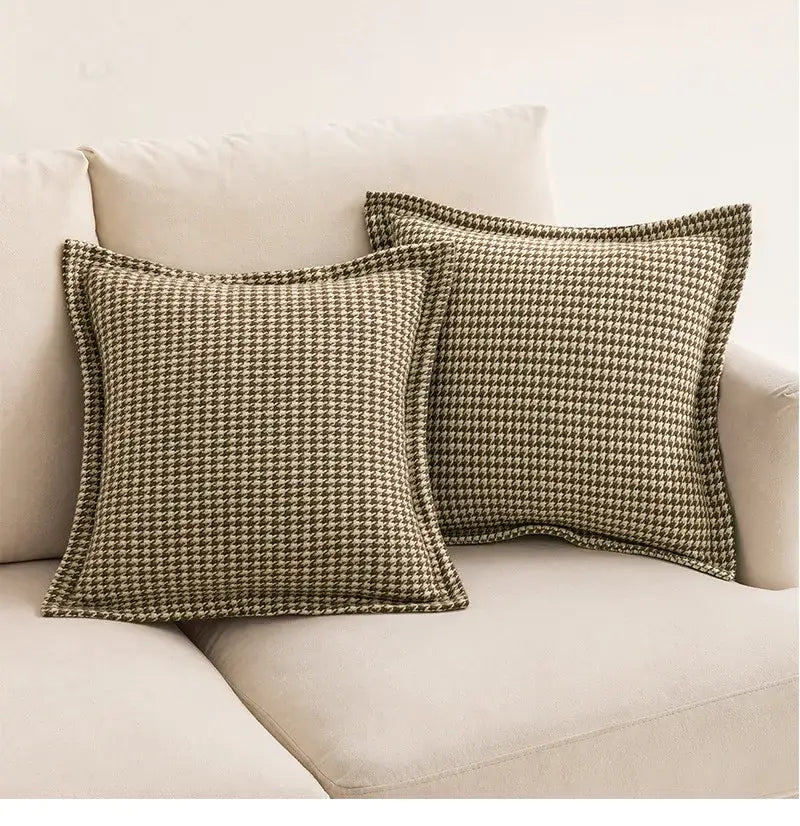 Two olive and cream houndstooth jacquard pillow covers with textured weave for living room cushions by decorbites
