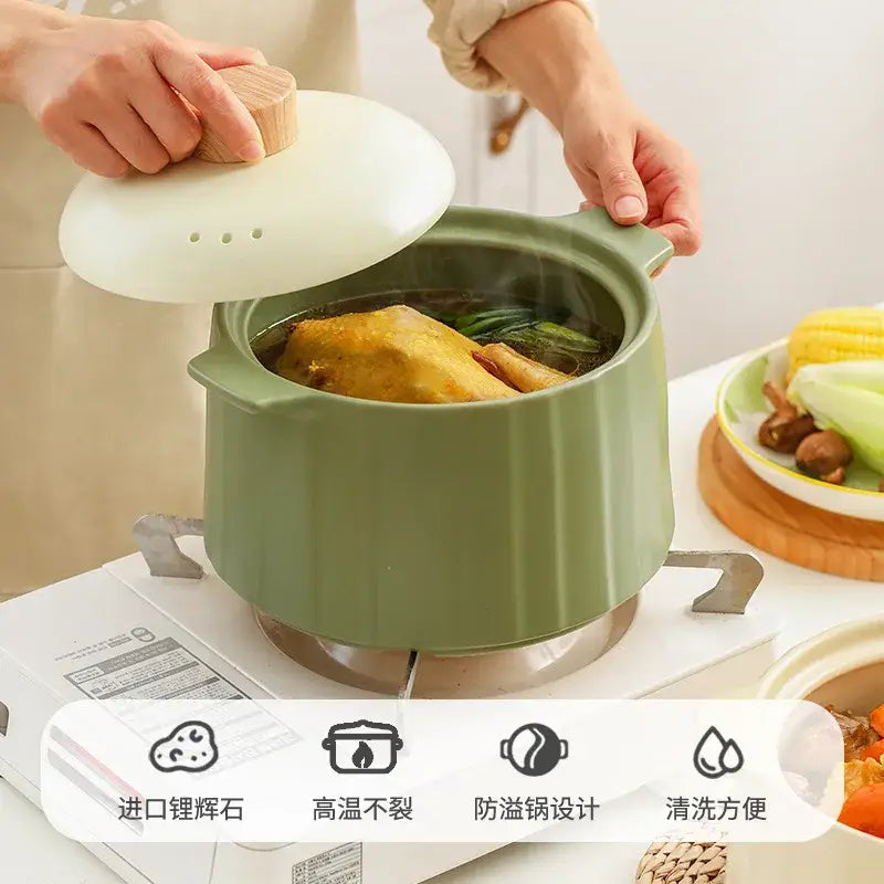 Olive green and white ceramic casserole pot with wooden handle lid and ventilation holes for decorbites gas stove rice use