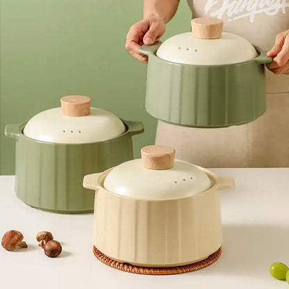 Muted green and cream ceramic casserole pot with wooden lids for decorbites gas stove rice cooking use