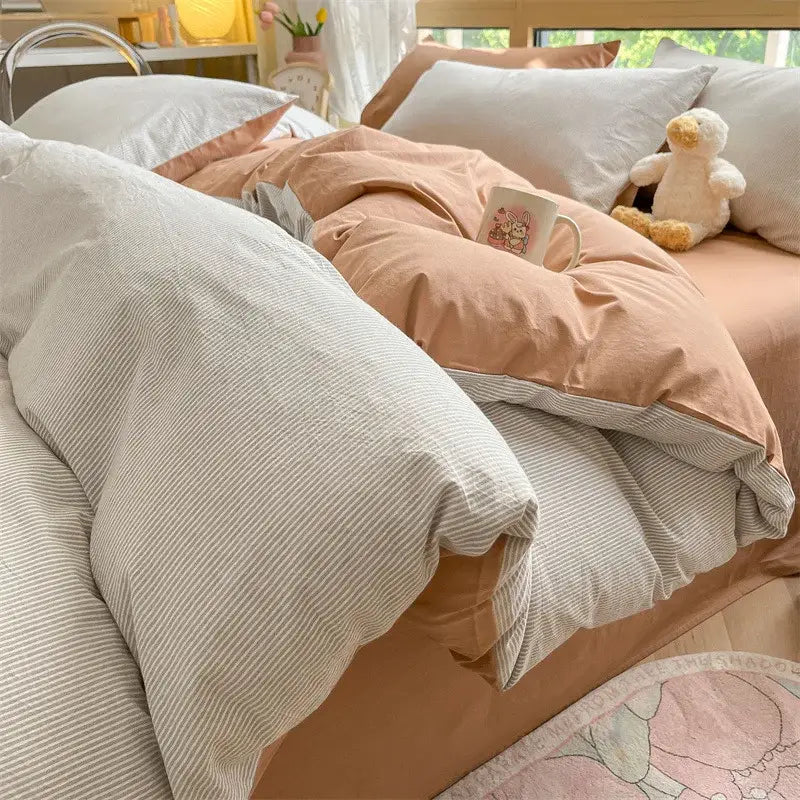 Soft peach and cream striped duvet set with cozy striped cotton fabric in decorbites cozy striped bedding set