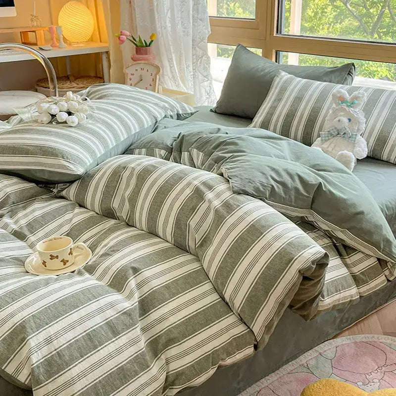 Olive green and cream cozy striped cotton bedding set made of linen fabric for comfortable bedroom decorbites cozy striped design