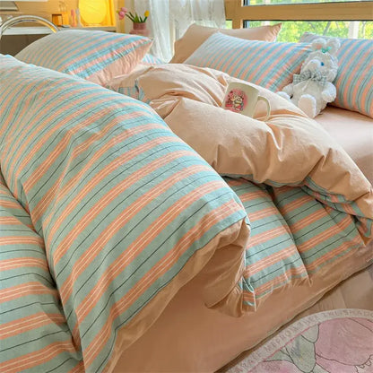 Pastel blue and peach striped cotton duvet cover set from decorbites cozy striped bedding set for bedroom decor