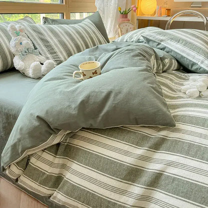 Soft sage green and cream cozy striped cotton bedding set with matching pillows from decorbites cozy striped collection