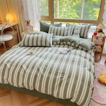 Olive green and cream cozy striped cotton bedding set with matching pillows from decorbites cozy striped quilt kit