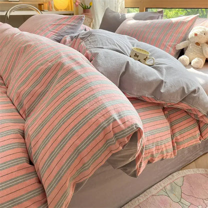 Pink and gray striped duvet cover bedding set with soft textured fabric from decorbites cozy striped cotton collection