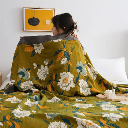 Olive green floral cotton gauze plaid blanket with white teal blossoms and orange leaves for bedroom decorbites cotton gauze