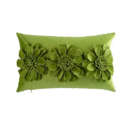 Rectangular olive green velvet handmade flower cushion cover with three-dimensional flowers for living room decorbites decor