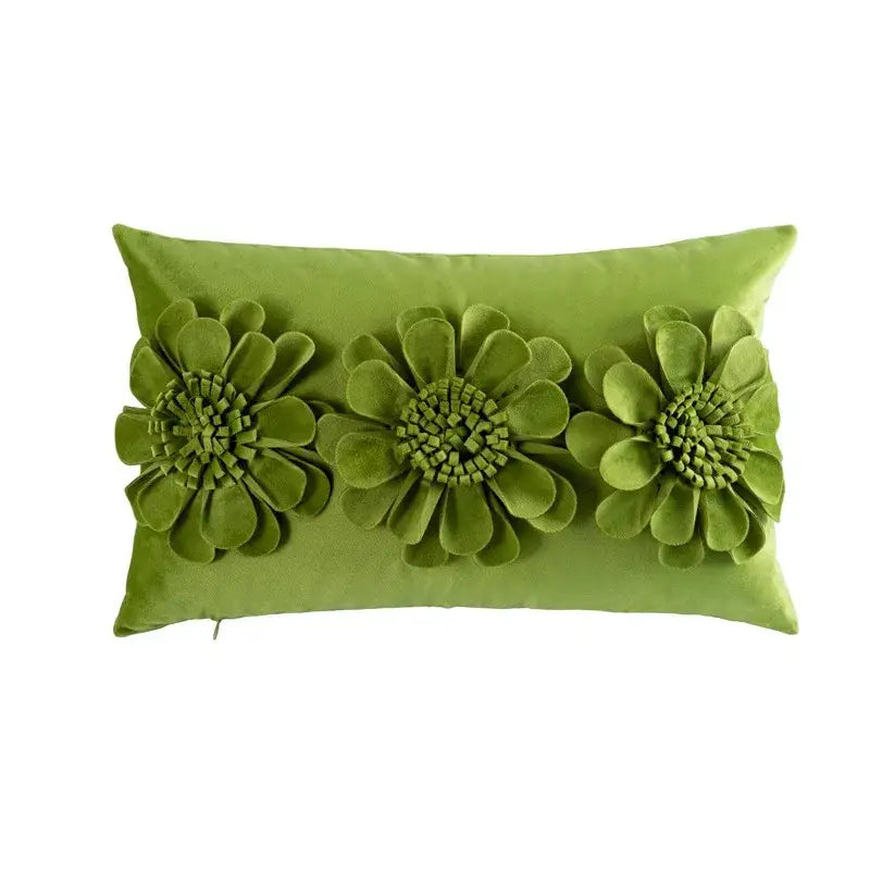 Rectangular olive green velvet handmade flower cushion cover with three-dimensional flowers for living room decorbites decor