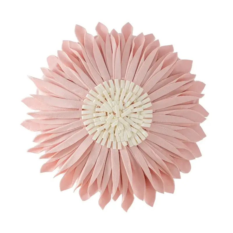 Olive green handmade flower cushion cover with a delicate pink fabric flower and woven cream center for living room decor