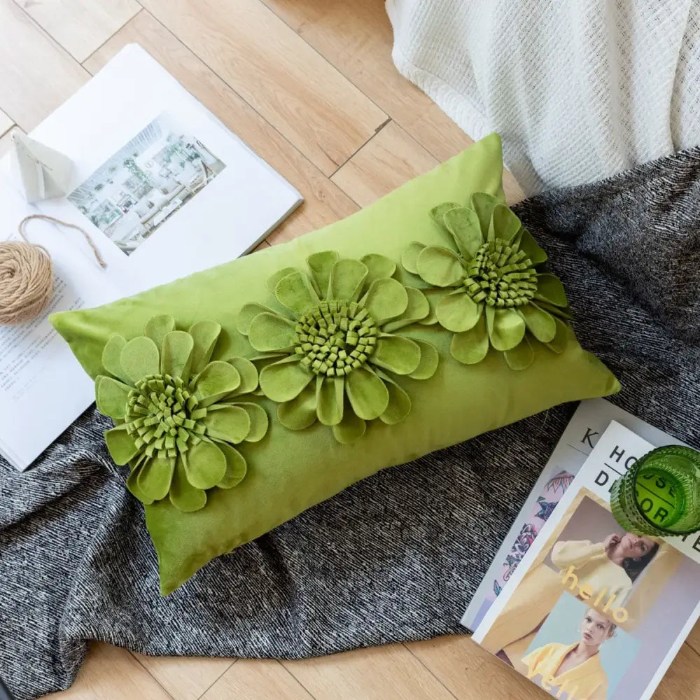 Lush green velvet handmade flower cushion cover with olive green 3D fabric flowers for living room decorbites decor