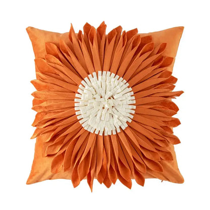 Orange velvet handmade flower cushion cover with three-dimensional sunflower design and white center for living room decorbites decor