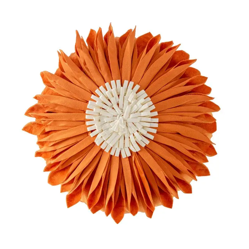 Olive green handmade flower cushion cover featuring an orange fabric flower with a white center for living room decorbites decor