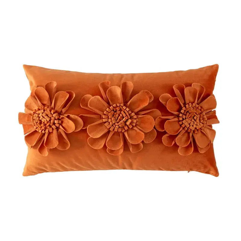 Orange velvet rectangular handmade flower cushion cover with three dimensional fabric flowers for living room decorbites decor
