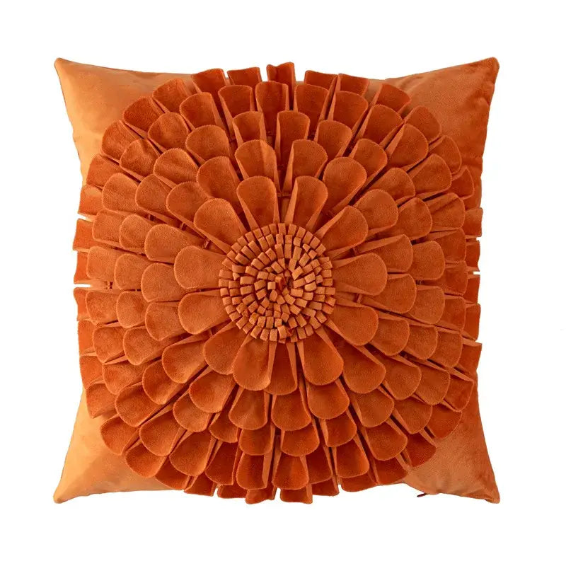 A rust-orange velvet handmade flower cushion cover with layered petals for decorbites living room decor