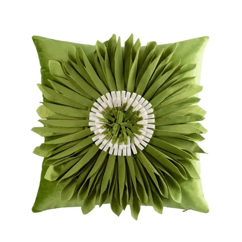 Olive green handmade flower cushion cover with dimensional fabric petals and white center for living room decorbites decor